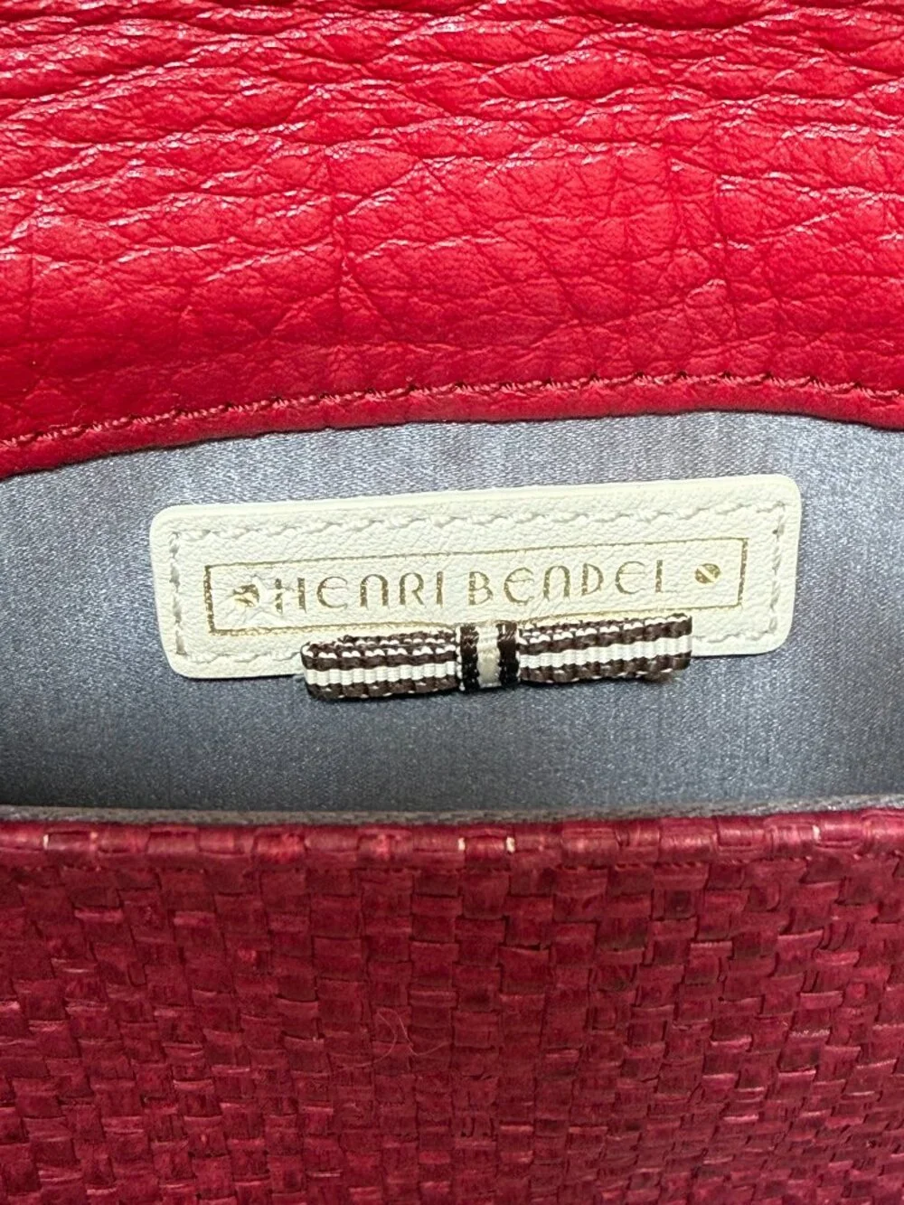 Henri Bendel Red Woven Leather Envelope Clutch Crossbody Gold Chain